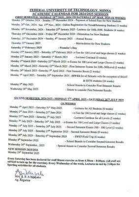 FUTMINNA releases approved academic calendar, 2024/2025