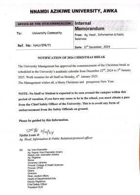 UNIZIK notice of Christmas break