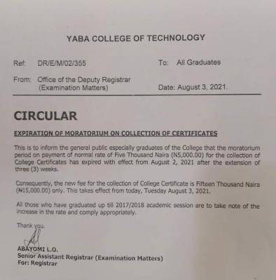 YABATECH increases fee for collection of certificates