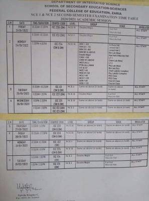 FCE Zaria releases 2nd semester exam timetable for NCE I & II, 2020/2021