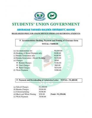 ATBU SUG notice to students on regularized prices for online services