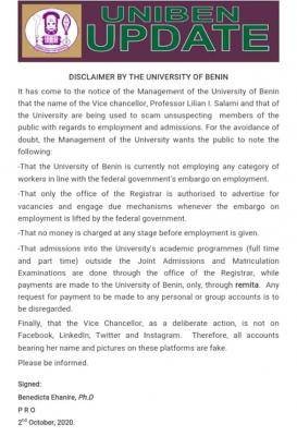 University of Benin disclaimer notice to the general public