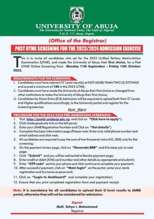 UNIABUJA Post-UTME/DE 2023: cut-off mark, eligibility and registration details