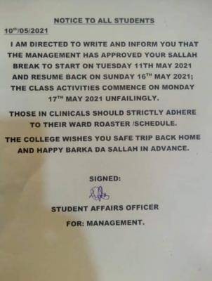 Shehu Sule College Of Nursing notice on Sallah break