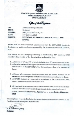 IAUE notice on 1st semester examination for 2019/2020 session