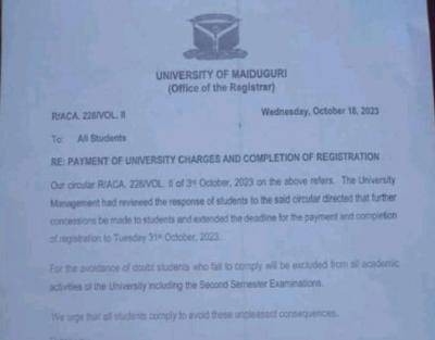 UNIMAID extends deadline for payment of University charges and completion of registration