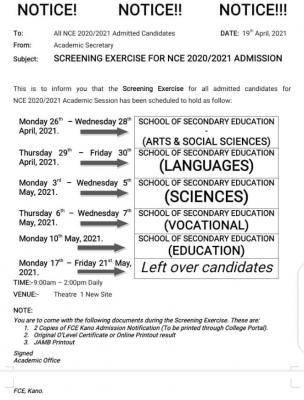 FCE Kano screening exercise for newly admitted NCE students, 2020/2021