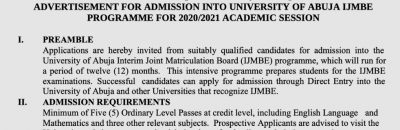 UNIABUJA remedial admission form for the 2020/2021 session