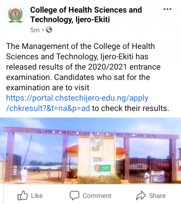 College of Health Sciences and Technology, Ijero-Ekiti entrance exam result, 2020/2021