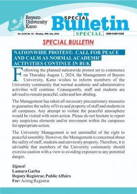 BUK notice on continuation of academic activities amidst protest