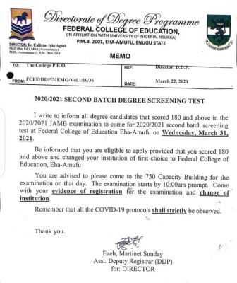 FCE Eha-amufu 2nd batch Post-UTME screening (degree) for 2020/2021 session