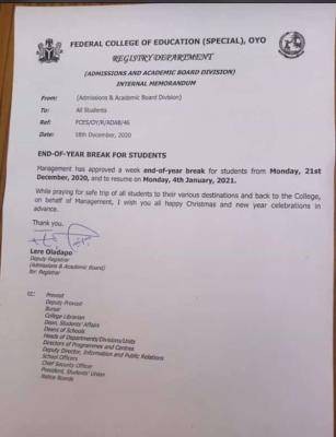 FCE, Oyo (special) notice on end of year break for students