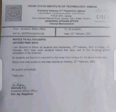 OGITECH announces lecture free days due to ongoing renovation