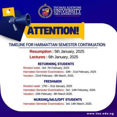 TAU timeline for 2024/2025 harmattan semester continuation