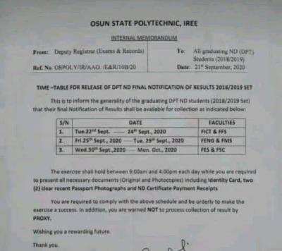 Osun Poly Notice to Students on Issuance of Statement of Result