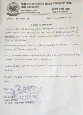 DSUST issues important notice to 300L SIWES students