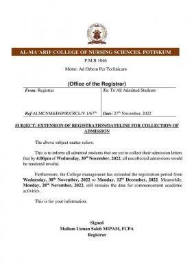 Al-Ma'arif College of Nursing Sciences notice to newly admitted students, 2022/2023