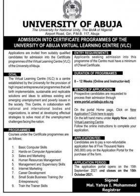 UNIABUJA VLC Certificate Admission