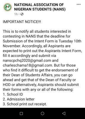 NANS important notice to students contesting in NANS