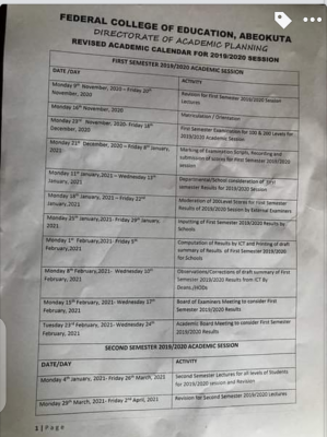 FCE Abeokuta amended academic calendar for 2019/2020 session