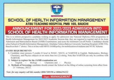 ATBUTH school of health admission form, 2022/2023