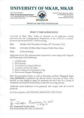 University of Mkar 2nd Post-UTME Screening Exercise, 2021/2022