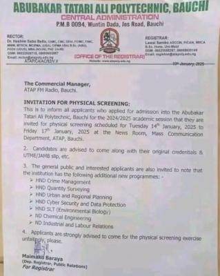 ATAP, Bauchi notice to applicants on physical screening, 2024/2025