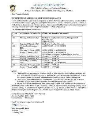 Augustine University resumption notice