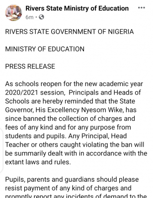 Rivers State Ministry of Education notice on collection of charges and fees