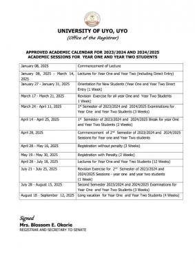 UNIUYO releases approved academic calendar, 2024/2025