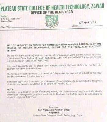 Plateau State College of Health Technology, Zawan admission form, 2022/2023