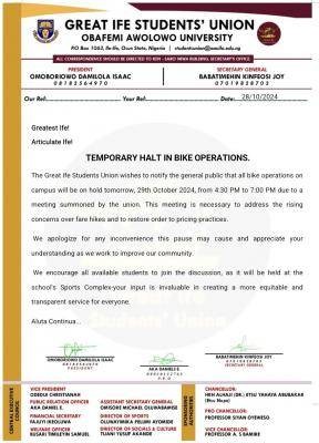 OAU notice on temporary halt in bike operations within the campus