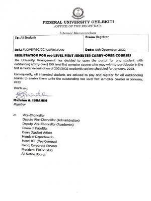 FUOYE notice on registration for 100L 1st semester carry over courses