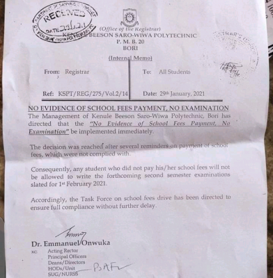 KENPOLY notice on "no school fees, no examination"