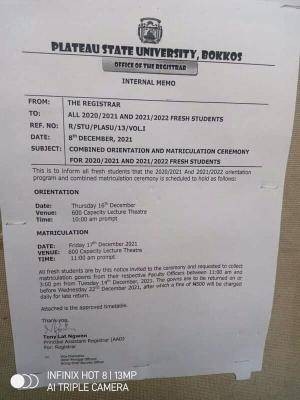 PLASU notice on combined orientation and matriculation ceremony, 2020/2021 & 2021/2022