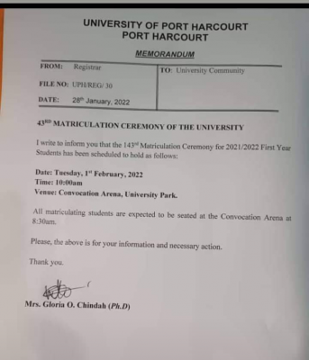 UNIPORT 43rd matriculation ceremony, 2021/2022