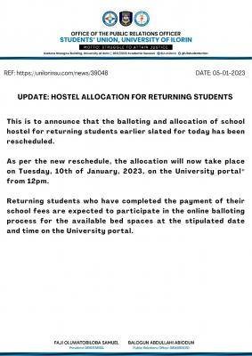 UNILORIN reschedules hostel allocation date