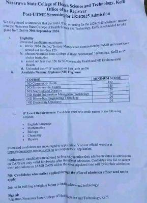 Nassarawa College of Health Science, Keffi releases Post UTME form, 2024/2025