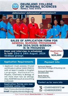 Okunland College of Nursing Sciences Admission into General Nursing, 2024/2025