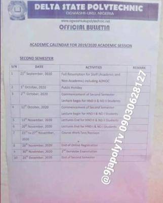 Delta State Poly Ogwashiuku academic calender for 2nd Semester, 2019/2020 session