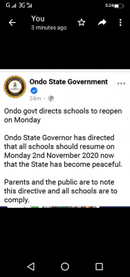 Ondo state government directs schools to reopen after closure due to protest