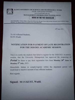 KUST, Wudil re-opens portal for late registration