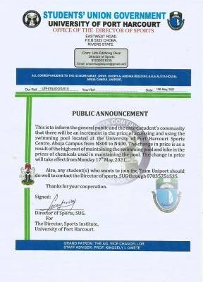 UNIPORT SUG notice on swimming pool access fee