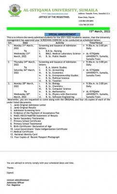 Al-istiqamah University screening exercise for newly admitted students