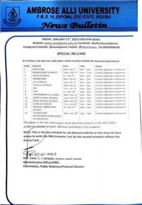 AAU re-schedules Biometric registration exercise for 100L & Direct Entry students