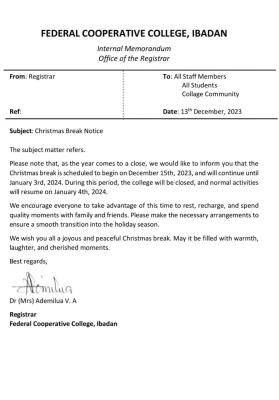 Fed Cooperative College, Ibadan Christmas break notice