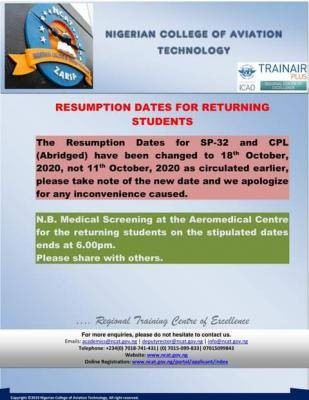 NCAT change in resumption date for returning students