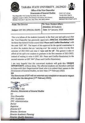 TSU notice to all final year students