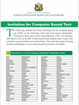 Kaduna State Scholarship Board shortlisted candidates for the CBT Test