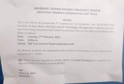 ATBU notice to prospective IT students